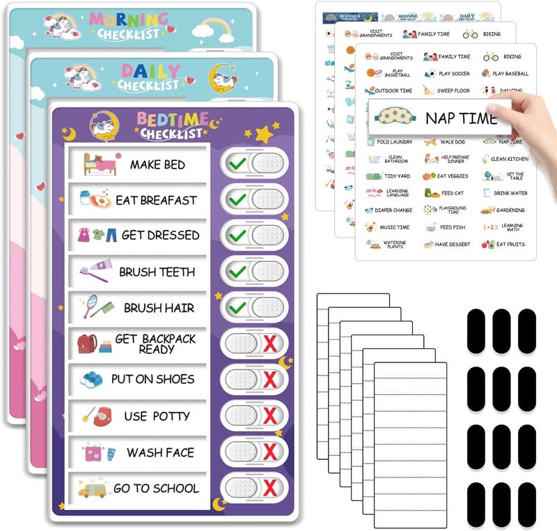 CustomMaster 3-in-1 Bedtime/Morning/Daily Routine Chart for Kids, Magnetic Chore Chart, Visual Schedule, Funny Kids To-Do List, ADHD Tools - Image 1